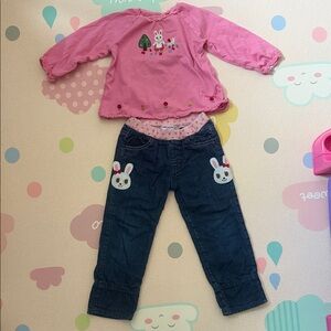 Miki House Pink Bunny Top and Blue Jeans Set